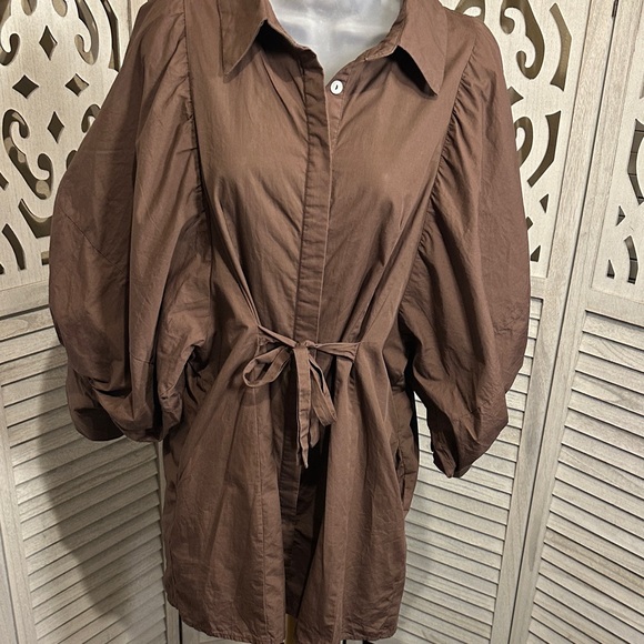 Reminiscence Tops - Size M Reminiscene Brown Puffy Sleeve Tie Waist Shirt Dress